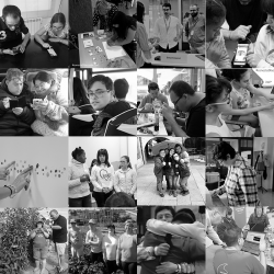 Mosaico de fotografías en branco e negro de persoas con discapacidade.