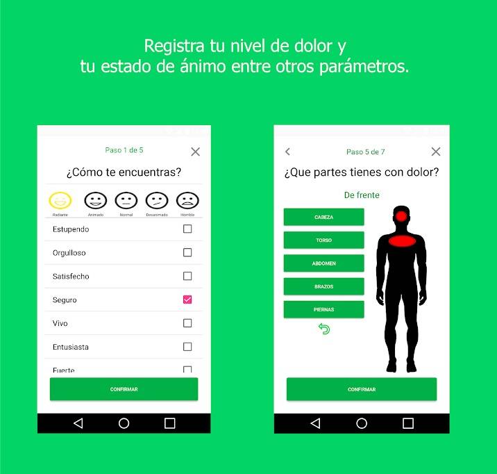 Imaxes da aplicación Close2Ou con algunhas das preguntas ao paciente.