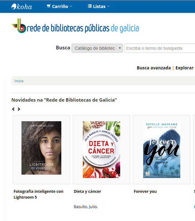 Pantallazo da web da rede de bibliotecas públicas de Galicia.