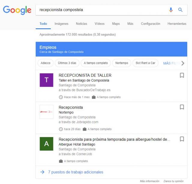 Pantallazo de una busca de empleos en Google.