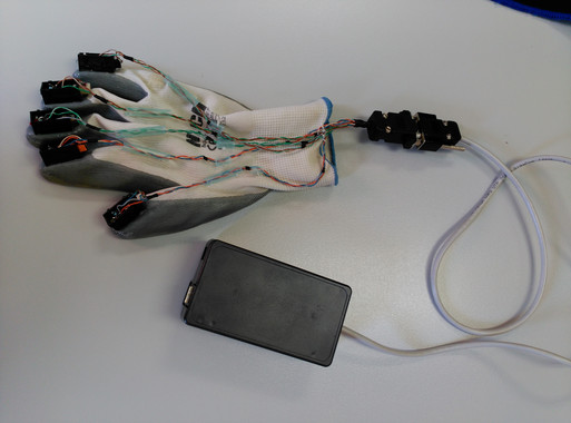 Os dous compoñentes do sistema que porta o xordocego, cos estimuladores táctiles dispostos sobre a luva directamente encima das uñas.