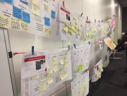 Tendedero con hojas de papel colgadas.