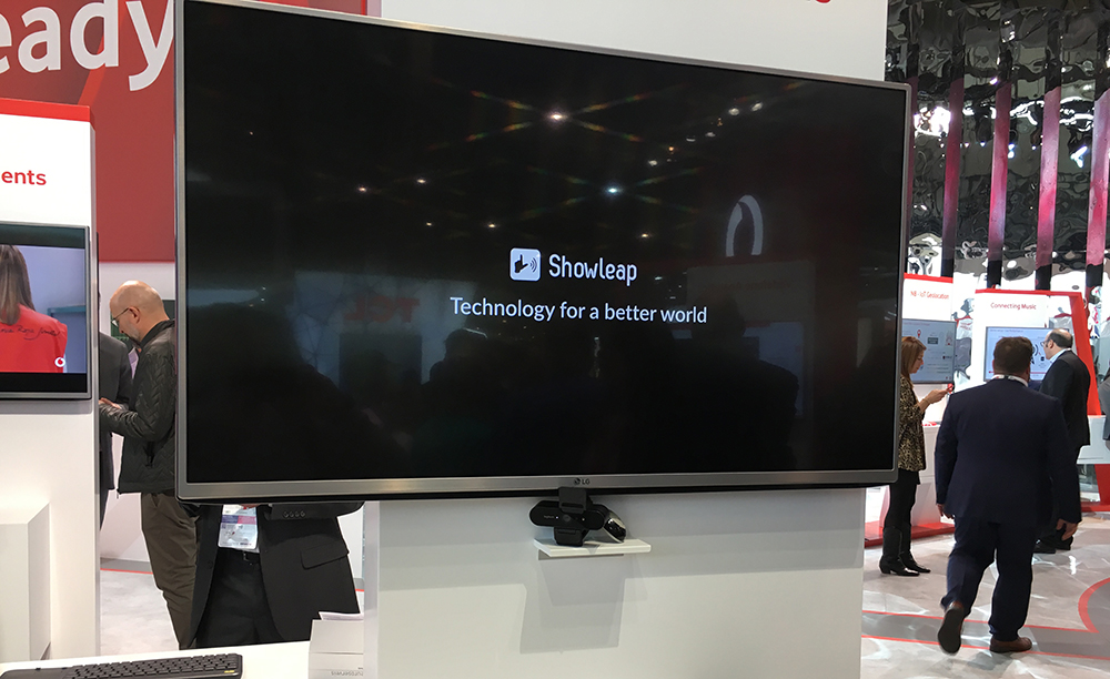 Fotografía do posto de Showleap na caseta de Vodafone no Mobile World Congress de Barcelona.