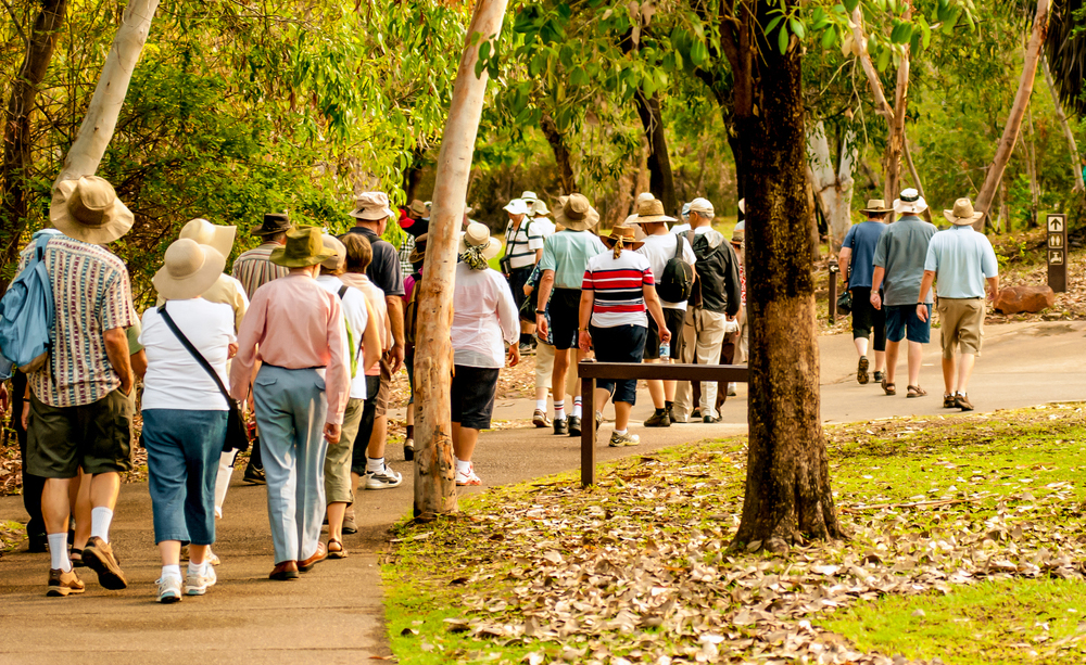 Un grupo de personas mayores de paseo por un parque.