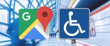Iconos de Google Maps y Discapacidad sobre una foto de una estación de tren.