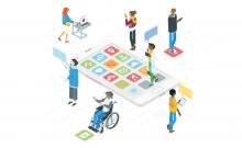 Imagen del curso de Google sobre accesibilidad de aplicaciones que muestra a varias personas utilizando distinta tecnología.